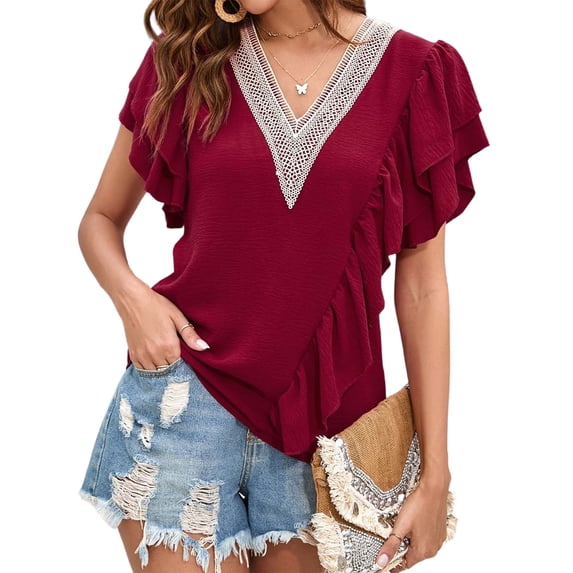 QAFOPEH Women Guipure Lace Trim V Neck Tiered Ruffle Short Sleeve Blouse