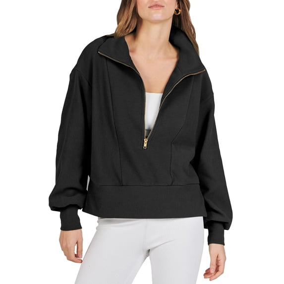 QAFOPEH Women Half Zip Up Long Sleeve Solid Color Cropped Sweatshirt