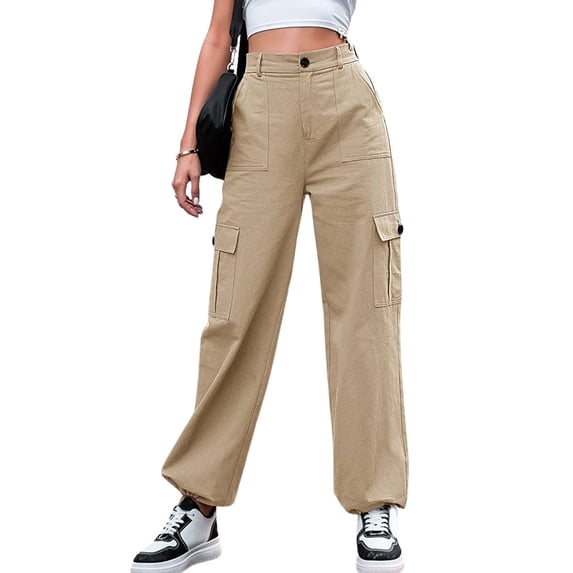 QAFOPEH Women High Waist Cargo Pants Drawstring Straight Leg Joggers With Pockets