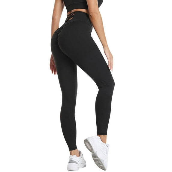 QAFOPEH Women High Waisted Back Cross Strappy Butt Lifting Solid Color Legging