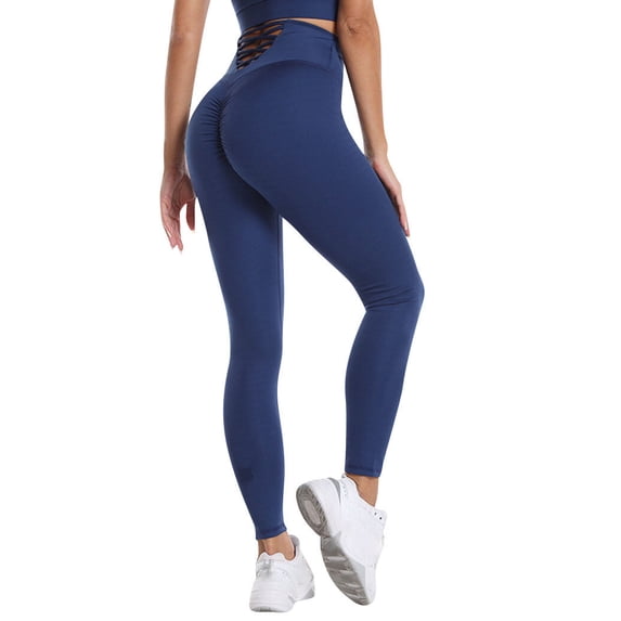 QAFOPEH Women High Waisted Back Cross Strappy Butt Lifting Solid Color Legging