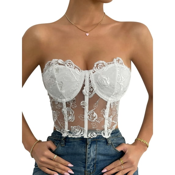 QAFOPEH Women Lace Strapless Corset Top Mesh Rose Boned Bustier Lingerie