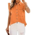 thumbnail image 1 of QAFOPEH Women Lapel Collar Button Down Ruffled Spliced Sleeveless Denim Distressed Vest, 1 of 4