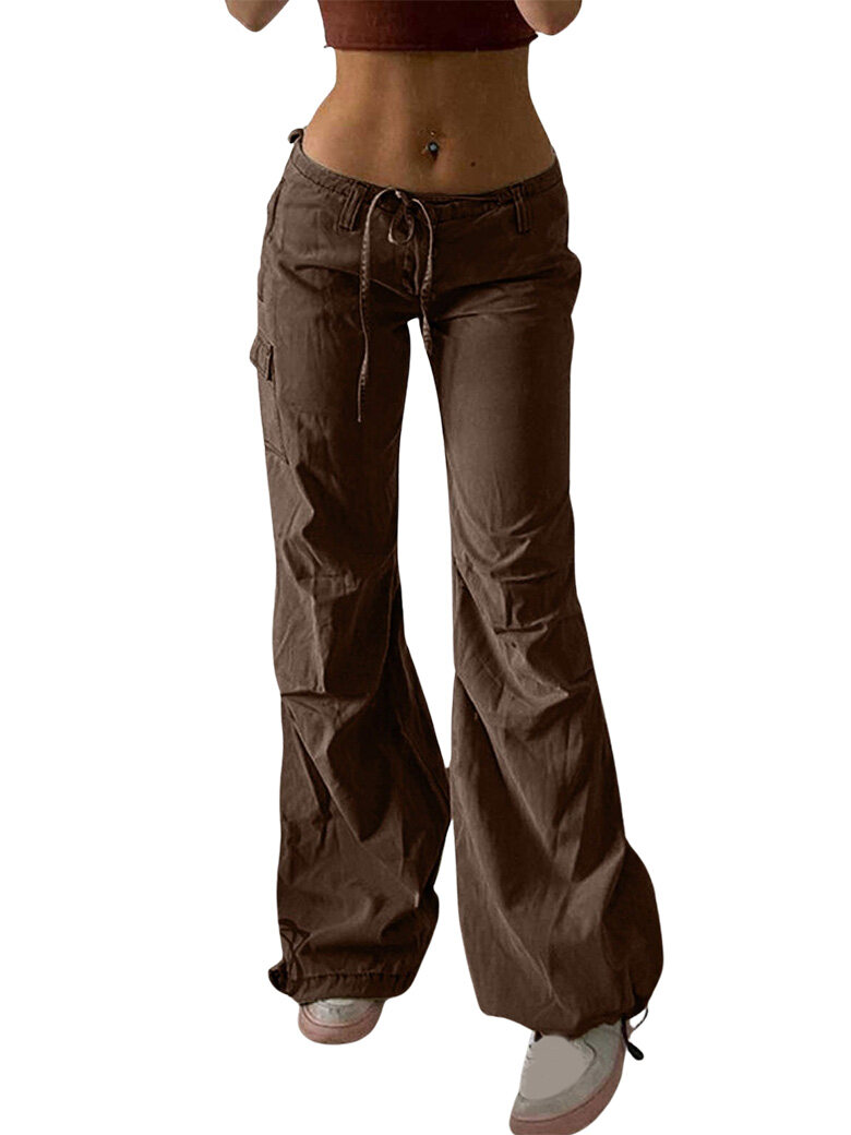 QAFOPEH Women Low Waist Wide Leg Trousers Drawstrings Cargo Pants ...