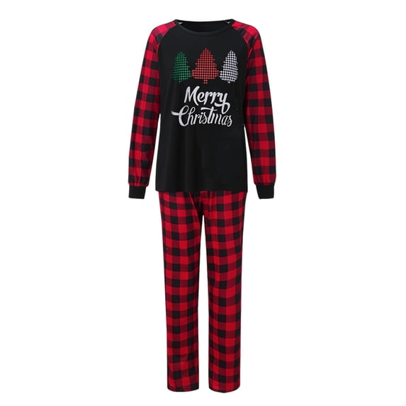 QAFOPEH Women Merry Christmas Print Checkered Family Pajamas Set