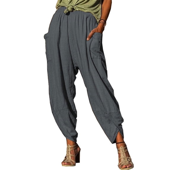 QAFOPEH Women Mid Waist Pocket Irregular Hem Solid Color Lantern Pants