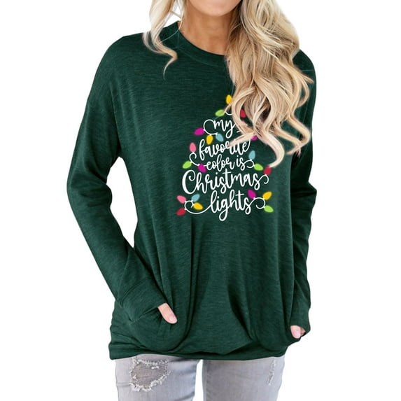 QAFOPEH Women My Favorite Color is Christmas Lights Long Sleeve Pocket T-shirt Top