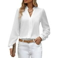 thumbnail image 1 of QAFOPEH Women Notched V Neck Lace Long Sleeve Solid Color Work Office Chiffon Shirt, 1 of 7