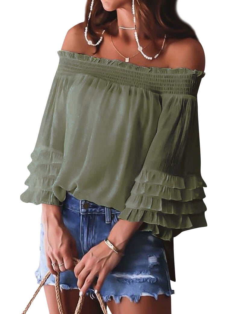 ZXSXSY Women Round Neck Ruffle 3/4 Sleeves Smocked Cuff ZXSXSY Women Round Neck Ruffle 3/4 Sleeves Smocked Cuff