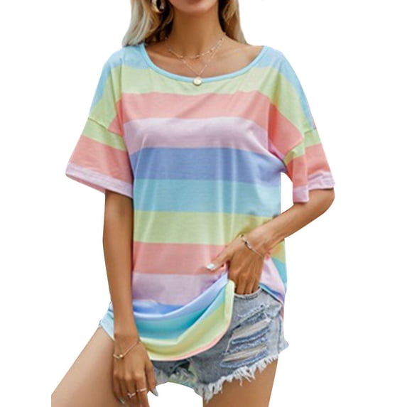 QAFOPEH Women Round Neck Short Sleeve Scoop Hem Rainbow Stripes Printed Top