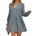 thumbnail image 1 of QAFOPEH Women Single Breasted V Neck Ruffled Lantern Sleeve Solid Color Shirt, 1 of 2