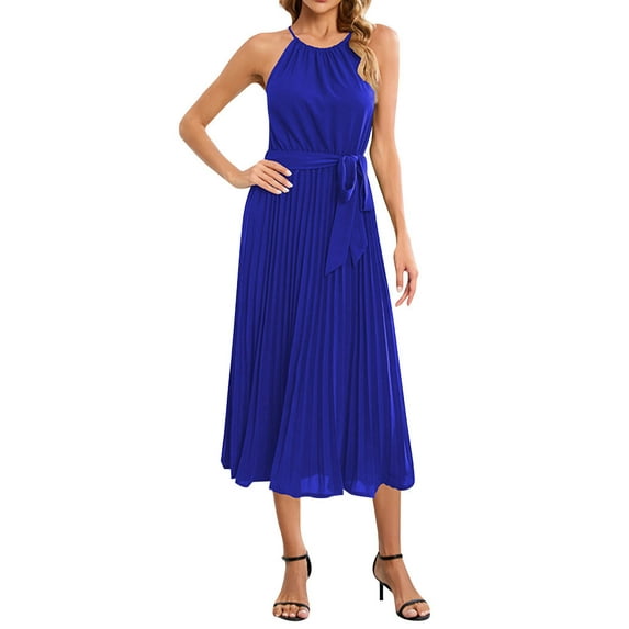 QAFOPEH Women Sleeveless Tie Waist Pleated Hem Solid Color Halter Dress