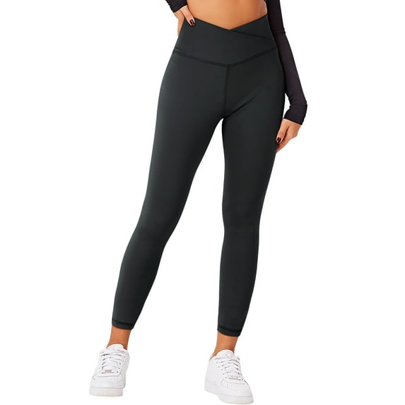 QAFOPEH Women Solid Color Leggings Cross Waist Butt Lift Seamless Yoga Pants