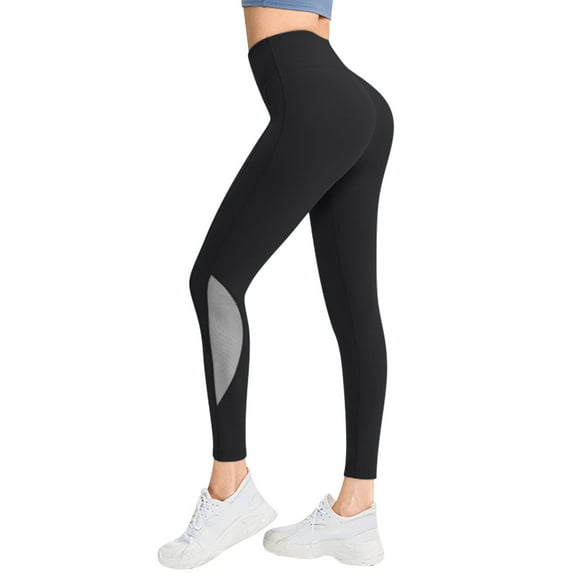 QAFOPEH Women Solid Color Leggings High Waist Mesh Stitching Butt Lift Stretchy Pants