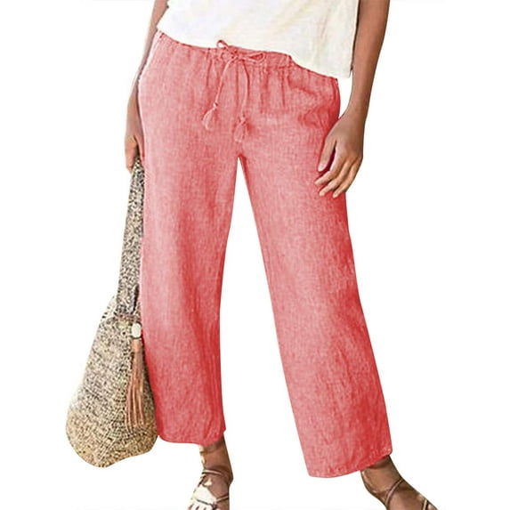 QAFOPEH Women Solid Color Mid Waist Lace Up Wide-Leg Casual Pants
