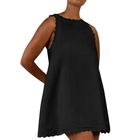 QAFOPEH Women Solid Color Scalloped Trim Crew Neck Sleeveless Ruffle Mini Dress