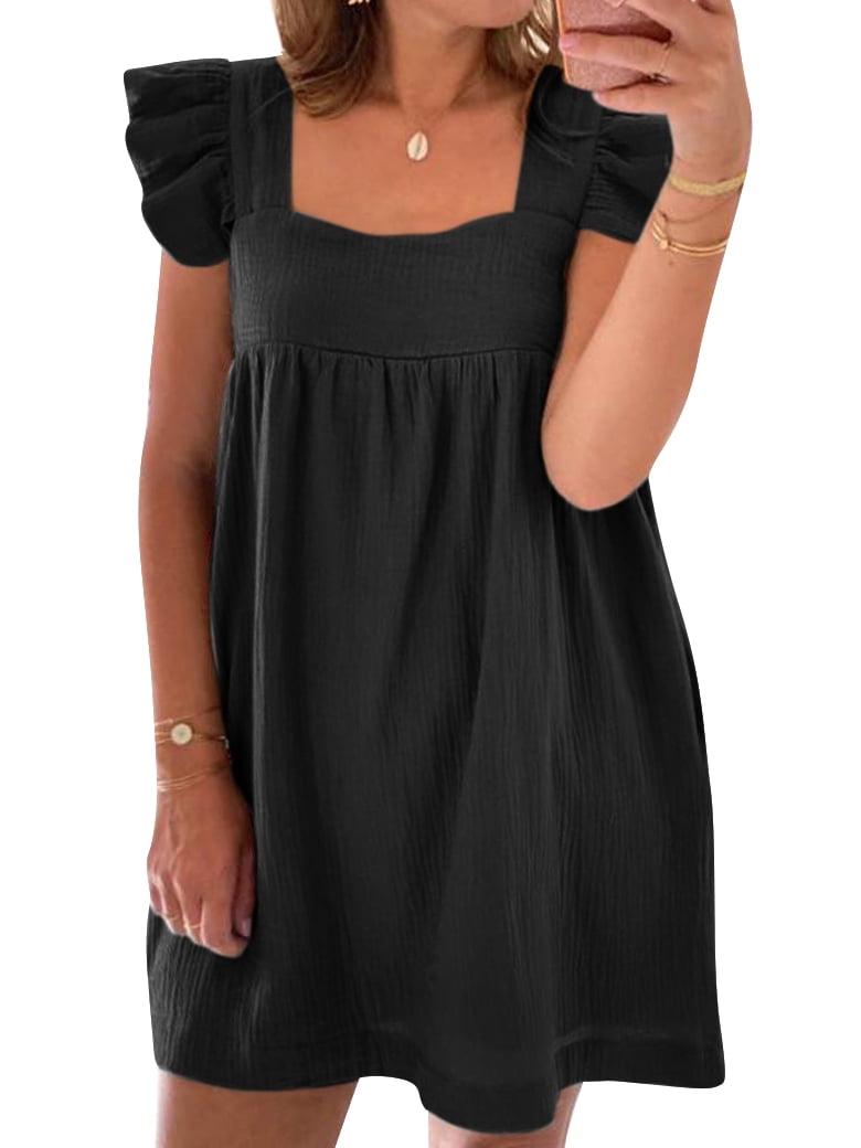 Square Ruffles QAFOPEH Women Solid Color Square Neck Sleeveless Open Back Ruffle ...