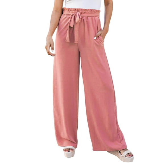 QAFOPEH Women Solid Color Tied Waist Wide Leg Casual Pants with Pockets