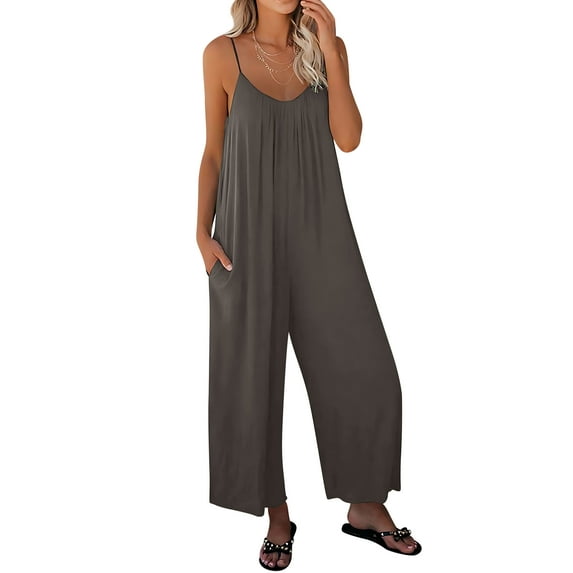 QAFOPEH Women Solid Color V Neck Sleeveless With Pockets Wide Leg Jumpsuits
