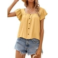 thumbnail image 1 of QAFOPEH Women Square Neck Backless Ruffle Short Sleeve Buttons Solid Color Top, 1 of 7