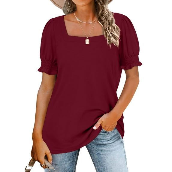 QAFOPEH Women Square Neck Puff Short Sleeve Smocked Cuffs Tunic Solid Color Top