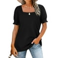 thumbnail image 1 of QAFOPEH Women Square Neck Puff Short Sleeve Smocked Cuffs Tunic Solid Color Top, 1 of 7