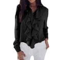 thumbnail image 1 of QAFOPEH Women Stand Collar Long Sleeve Ruffle Splicing Button Top, 1 of 2