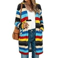 thumbnail image 1 of QAFOPEH Women Striped Contrast Color Long Sleeve Side Pockets Cardigan, 1 of 4