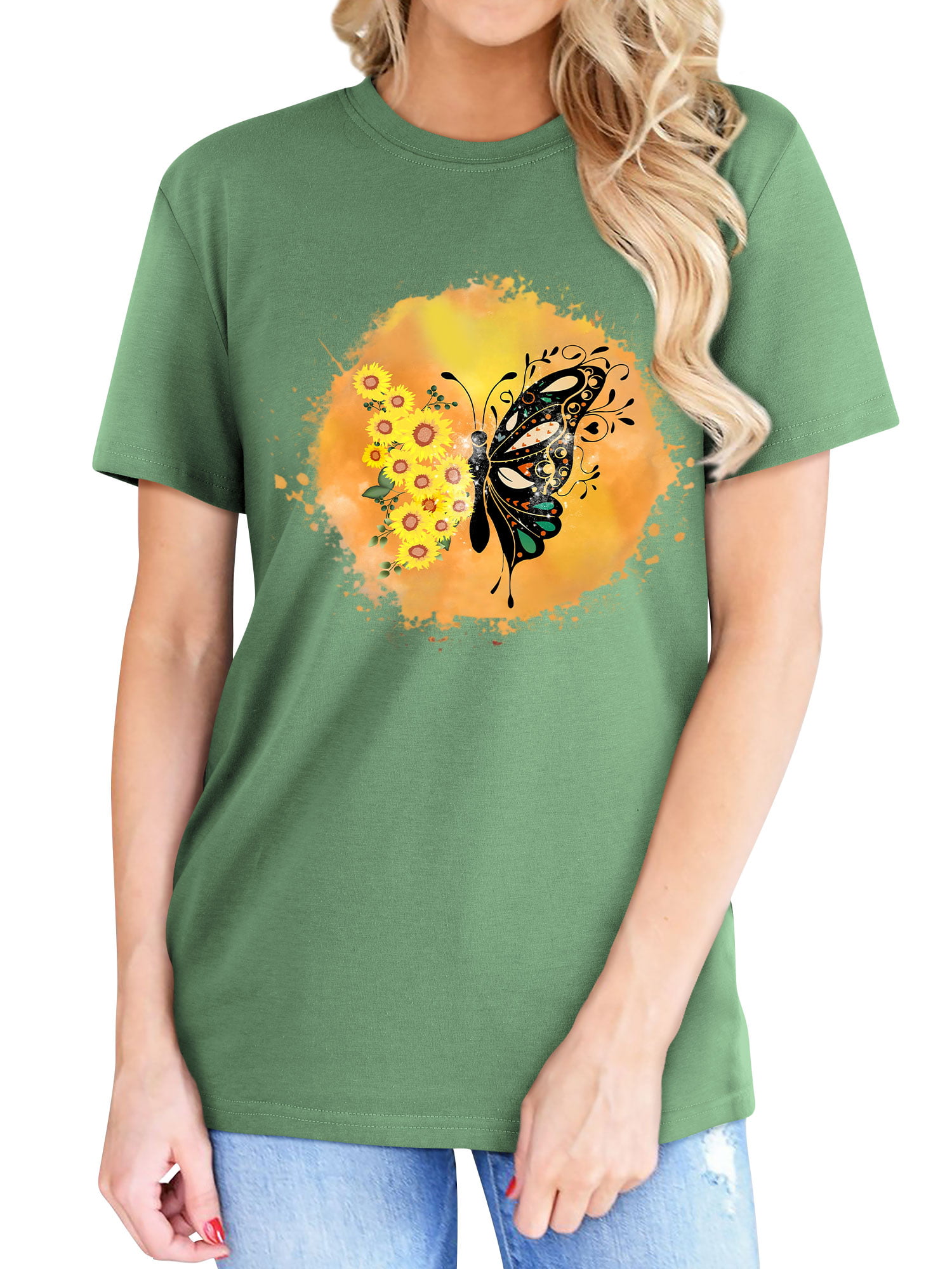 QAFOPEH Women Sunflower Butterfly Print Round Neckline Short Sleeve T-Shirt