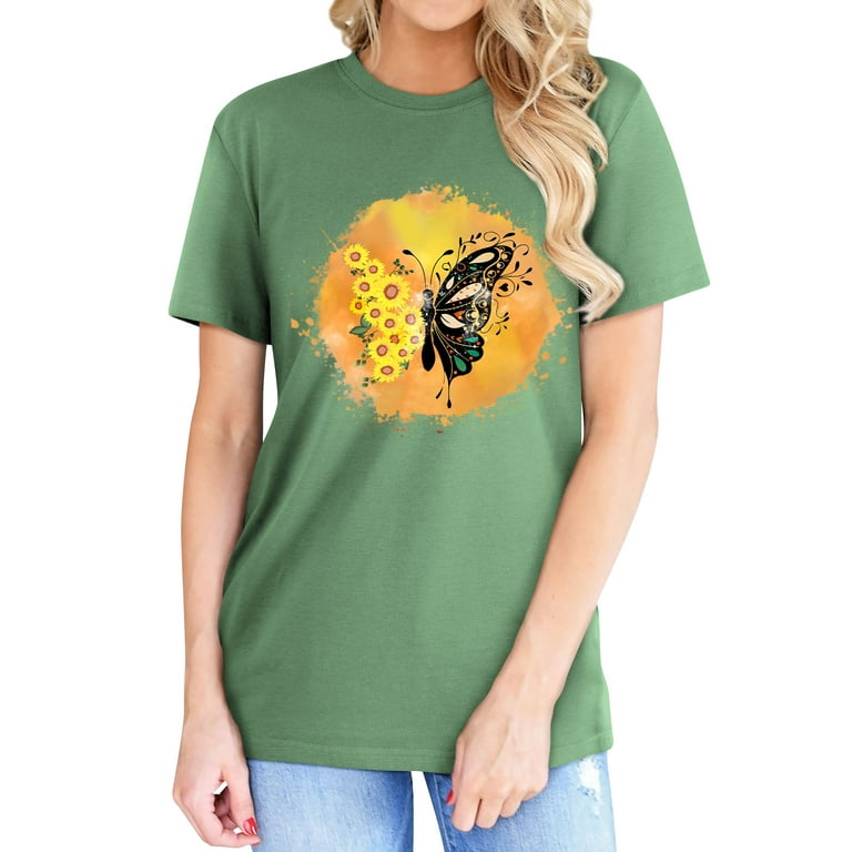 QAFOPEH Women Sunflower Butterfly Print Round Neckline Short Sleeve T-Shirt