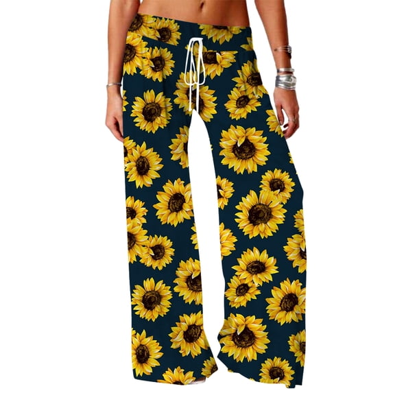 QAFOPEH Women Sunflower Print Adjustable Drawstring Wide Leg Pants