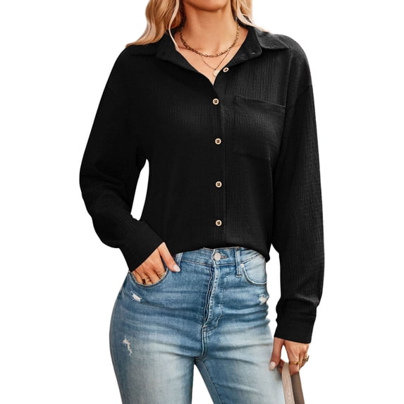 QAFOPEH Women Textured Lapel Collar Button Down Long Sleeve Solid Color T-Shirt
