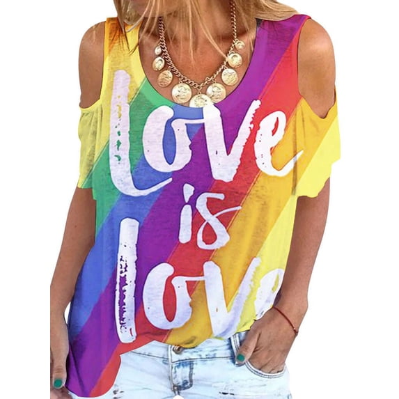 QAFOPEH Women Tie-Dye Rainbow Print Round Neck Short Sleeve Cold Shoulder Shirt