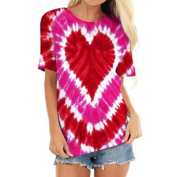 QAFOPEH Women Tie-Dyed 3D Heart Graphic Print Short Sleeve Round Neck T-Shirt