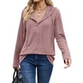 thumbnail image 1 of QAFOPEH Women V Neck Long Sleeve Drawstring Hooded Textured Loose Pullover Top, 1 of 5