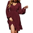 thumbnail image 1 of QAFOPEH Women V Neck Long Sleeve Pleated Buttons Ruffled Hem Dress, 1 of 5