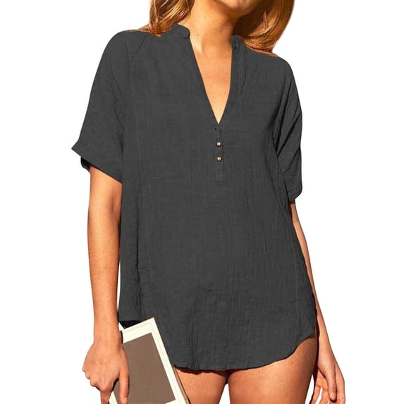 QAFOPEH Women V Neck Short Sleeve Buttons Curved Hem Solid Color Top