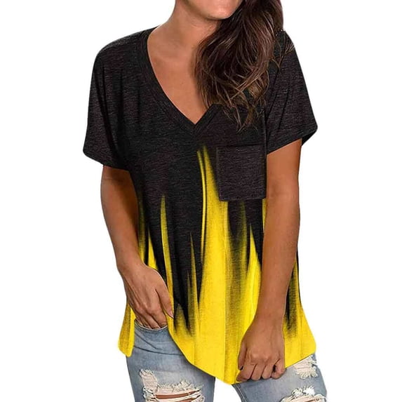 QAFOPEH Women V Neck Short Sleeve Pocket Patchwork Contrast Color Top