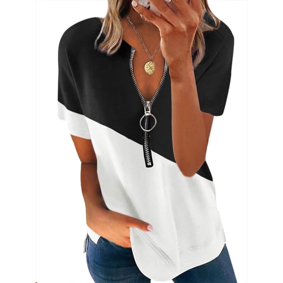 QAFOPEH Women V Neck Short Sleeve Zipper Front Side Split Contrast Color Top