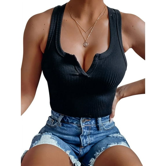 QAFOPEH Women V Neck Sleeveless Solid Color Stretchy Basic Tank Top