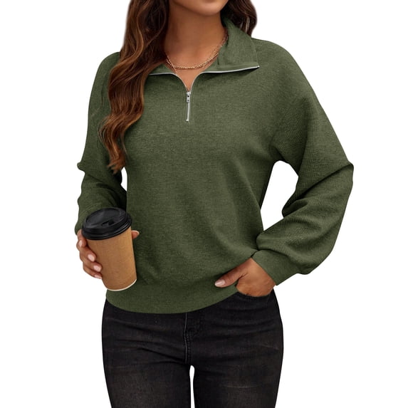 QAFOPEH Women's Casual 1/4 Zip Lapel V Neck Sweatshirt Long Sleeve Solid Color Knit Top