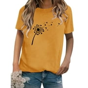 QAFOPEH Womens Dandelion Graphic Solid Pullover Crewneck Short Sleeve Tee Shirt