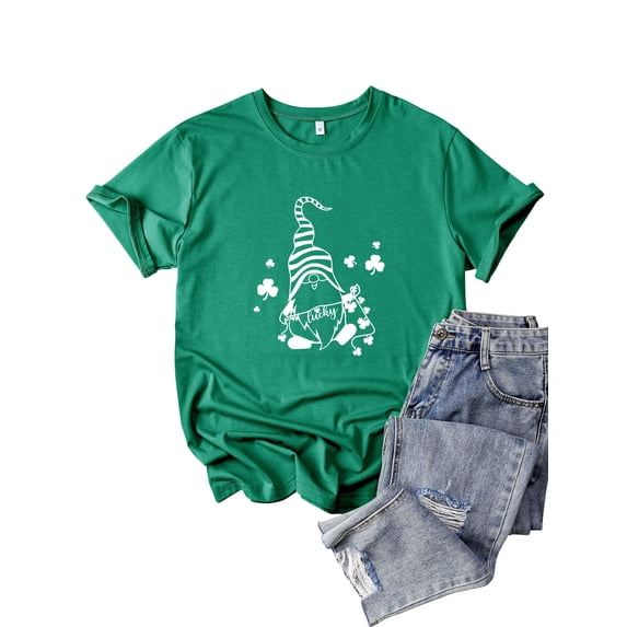QAFOPEH Womens Gnomie Clover Print T-Shirt Short Sleeve St Patrick's Day Tee Top