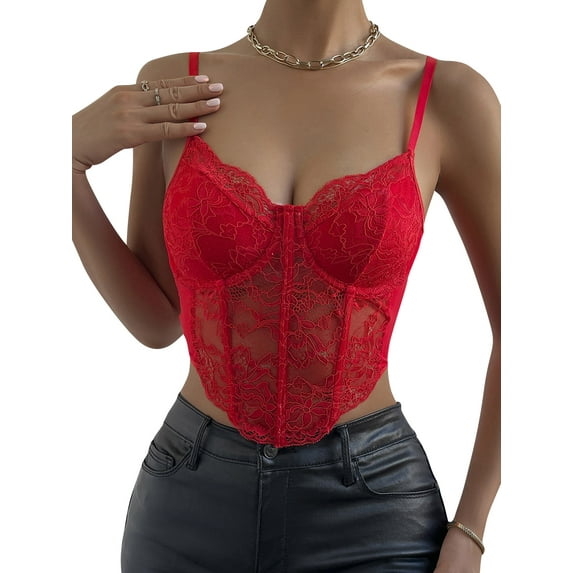 QAFOPEH Womens Lace Mesh Spaghetti Strap Corset Crop Top