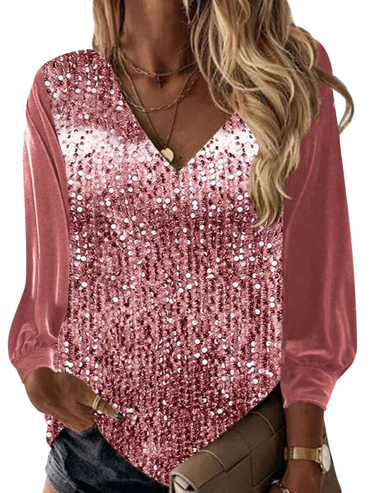 Qafopeh Womens Sequin V Neck Long Sleeve Tops Glitter Sparkle Shimmer