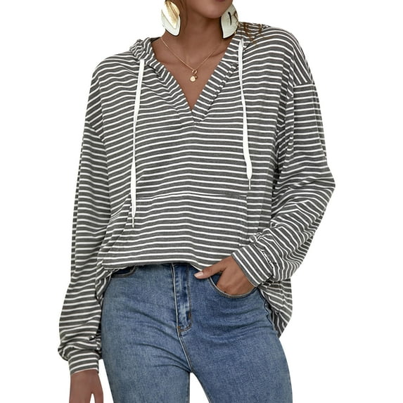 QAFOPEH Womens Stripe Printed V Neck Long Sleeve Pocket Loose Drawstring Hoodies Tops