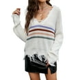 thumbnail image 1 of QAFOPEH Womens Striped Crop Sweater Deep V Neck Long Sleeve Fringed Knit Tops, 1 of 7
