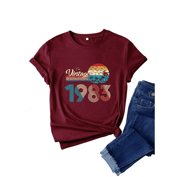 QAFOPEH Womens Vintage 1983 Graphic Print T-Shirt Short Sleeve Crewneck Tee Top