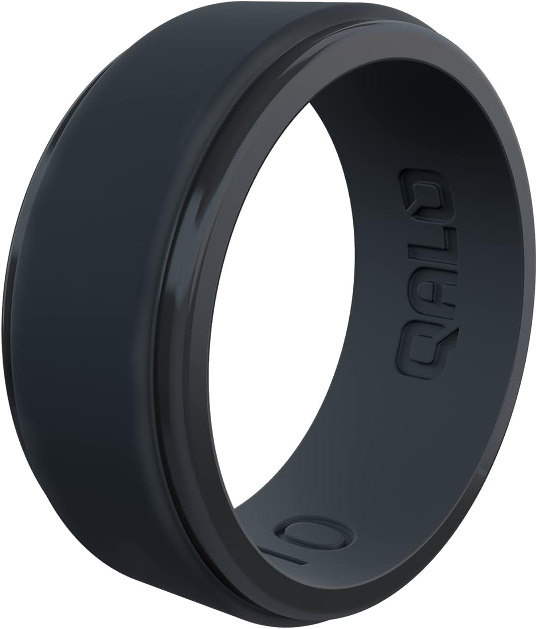 QALO Men's Rubber Silicone Ring, Polished Step Edge Rubber Wedding Band, Breathable, Durable Rubber Wedding Ring for Men, 9mm Wide 2mm Thick, Gunmetal, Size 12