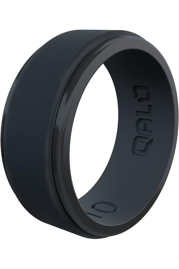 Men's Rubber Silicone Ring, Polished Step Edge Rubber Wedding Band, Breathable, Durable Rubber Wedding Ring for Men, 9mm Wide 2mm Thick, Gunmetal, Size 12